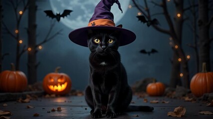 Spooky black cat wearing a festive witch hat, perfect for Halloween promotions and themed video content, capturing holiday magic.