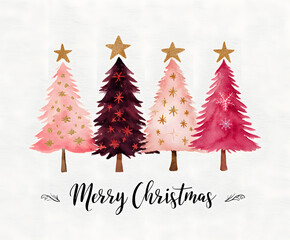 Minimalist Christmas artwork with three stylized red trees decorated with stars and hearts on a white background. A clean and festive holiday illustration.