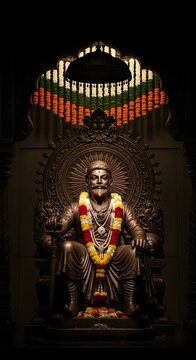 Majestic statue of warrior king Chhatrapati Shivaji Maharaj on a throne, adorned with flower garlands and lit lamp.