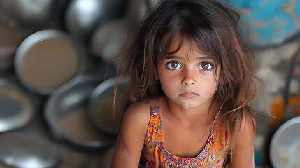 Close-Up Portrait of Young Girl: Dark Brown Hair & Eyes, Somber Expression, Orange Colorful Sleeveless Top