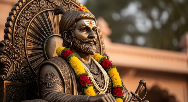 Bronze statue of Indian warrior king Chhatrapati Shivaji Maharaj adorned with flower garlands.