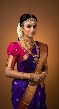 Elegant South Indian bride in a traditional purple and pink silk sari with gold jewelry.