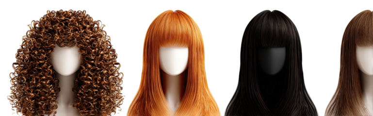 Four different colored wigs on mannequin heads