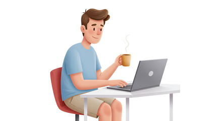 Young Man Sitting at Desk Using Laptop and Drinking Coffee in Casual Home Setting