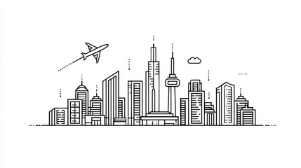 Modern City Skyline with Airplane Line Art Illustration