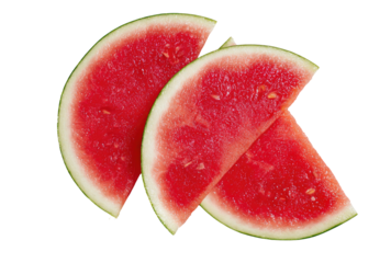 Three watermelon slices, vibrant red flesh, pale green rind, overlapping