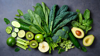 Green Food Composition: A vibrant, top-down arrangement showcases an array of fresh, green ingredients including various greens, avocado, broccoli, and kiwi, symbolizing health, nutrition.