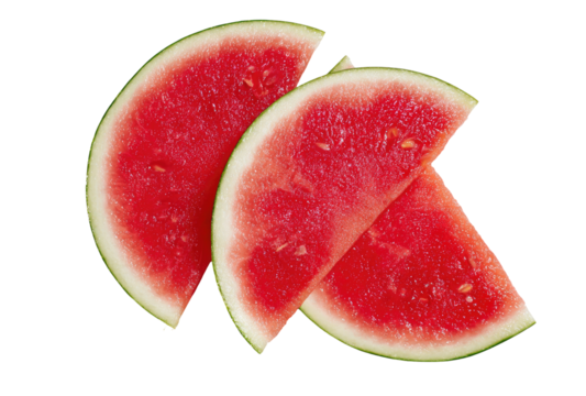 Three watermelon slices, vibrant red flesh, pale green rind, overlapping