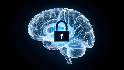 Mindful Security: A stylized representation of the human brain, overlaid with a secure padlock, symbolizes cognitive security.