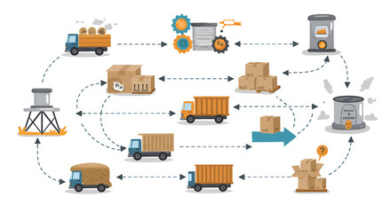Logistics Supply Chain Diagram With Trucks Boxes Factories and Storage Tanks