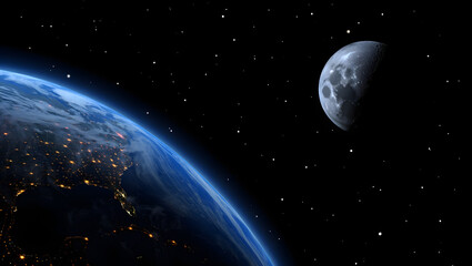 Naklejka premium Celestial Dance: A breathtaking view of Earth alongside the moon, stars twinkling in the deep canvas of space, a beautiful dance of celestial bodies.