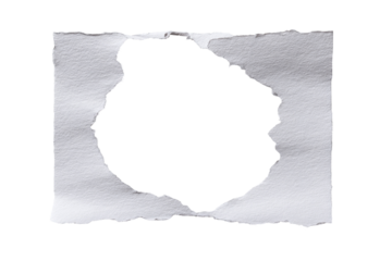 A rectangular piece of ripped paper with a circular hole.  The edges of the paper are ragged and irregular, showing the texture of the tear