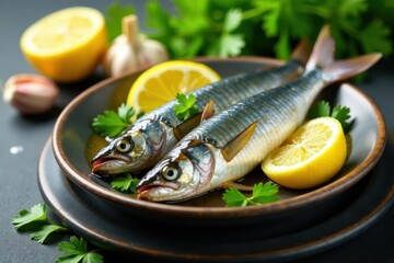 Fresh sardines, lemon, garlic, olive oil, parsley, sparkling water , garlic, restaurant, stock photo