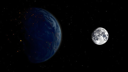 Fototapeta premium Earth and Moon Celestial Ballet: Witness the serene dance of Earth and Moon suspended against the deep expanse of space, a captivating display of cosmic wonder and interstellar peace.