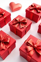 Obraz premium Red gift boxes with shiny bows, Christmas theme Isolated on white , bow, festive, holiday decorations
