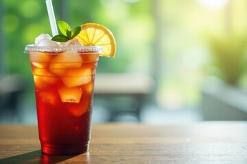Refreshing iced tea in a straw-topped, clear plastic cup with ice , straw, drink, iced tea