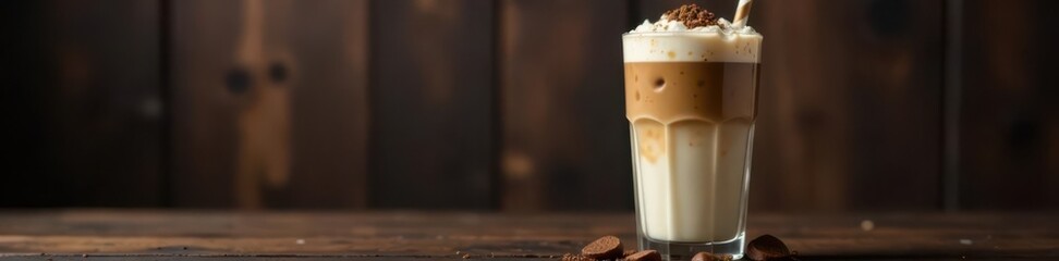 Refreshing iced coffee, creamy milk, dark wood backdrop , dark wood, brown