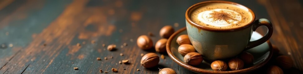 Rustic hazelnut latte, coffee cups, hazelnuts , autumn, hot drink, steam