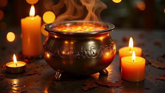Mystical witch's golden cauldron bubbles with enchanted potion amidst flickering candles, creating a magical Halloween atmosphere perfect for spooky celebrations.