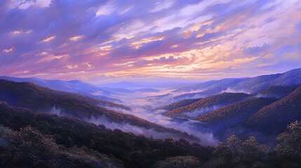 Obraz premium The beautiful scenery of the Blue Ridge Mountains, purple and pink skies, white clouds floating above, and below the mountains are misty valleys, and the slopes are covered with dense trees.