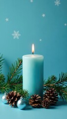 Single candle, pine cones, spruce, ornaments; minimalist blue Christmas banner , template, holiday, peaceful