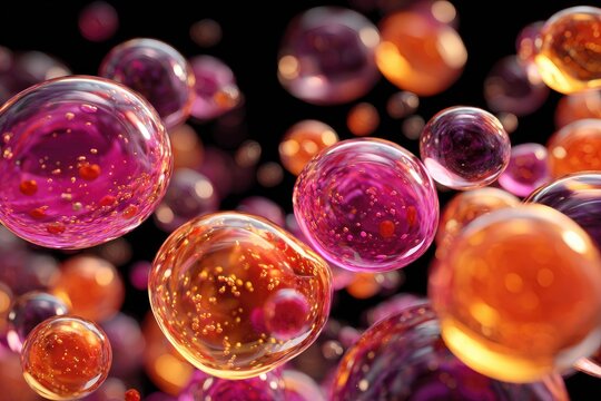 Translucent spheres, orange and pink, float against a black background