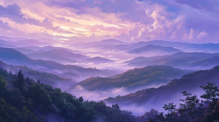 The beautiful scenery of the Blue Ridge Mountains, purple and pink skies, white clouds floating above, and below the mountains are misty valleys, and the slopes are covered with dense trees.
