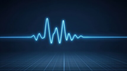 Obraz premium Neon Blue Heartbeat Pulse on a Dark Background with Grid Lines, Representing Life Signs, Vital Signs, and Medical Technology Concepts