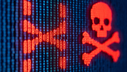 Cybersecurity Threat: A stark digital composition unveils a vibrant red skull and crossbones, superimposed upon a complex array of binary code.