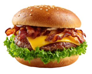 A classic bacon cheeseburger, with a toasted bun, juicy beef patty, crispy bacon, melted cheese, and fresh lettuce