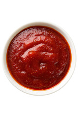 Red sauce in a small white bowl