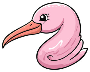 Cute cartoon pink ibis head illustration. Adorable wading bird with a long beak and big eyes.
