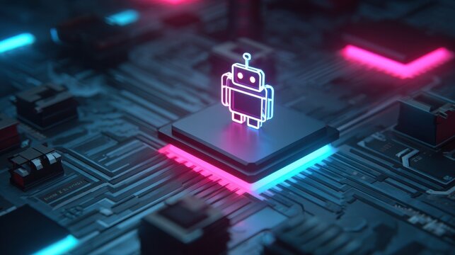 Neon Android Robot on Circuit Board Futuristic Technology Concept
