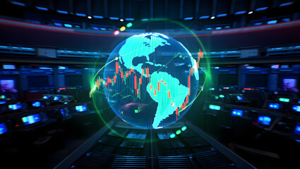 Global Market Insights: A captivating visualization of the stock market, with the Earth at its center, illuminating the dynamics of global finance and investment.