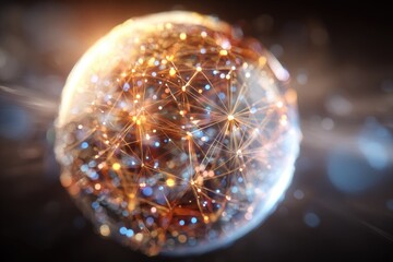 Illuminated sphere, intricate network of glowing lines and nodes