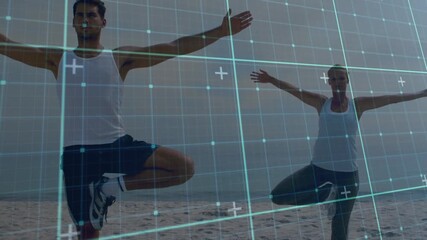 Animation of data processing over caucasian couple exercising on beach - Powered by Adobe