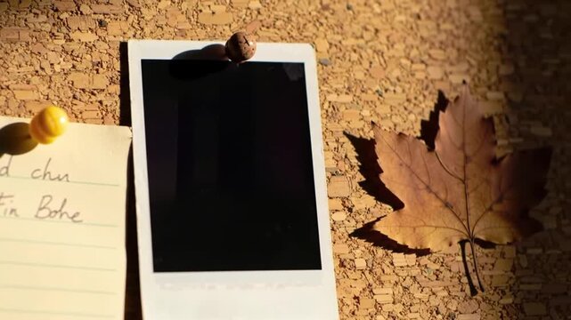 Cork board with polaroid, leaf, and note pinned to it close up.