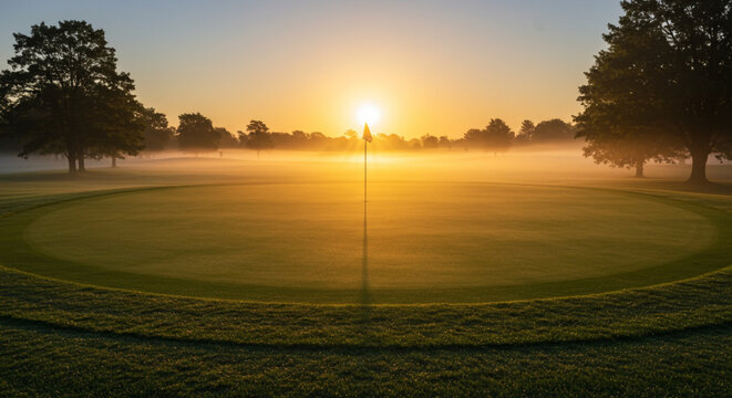 Sunrise Over Golf Course with Hole Flag - Ryder Cup Concept