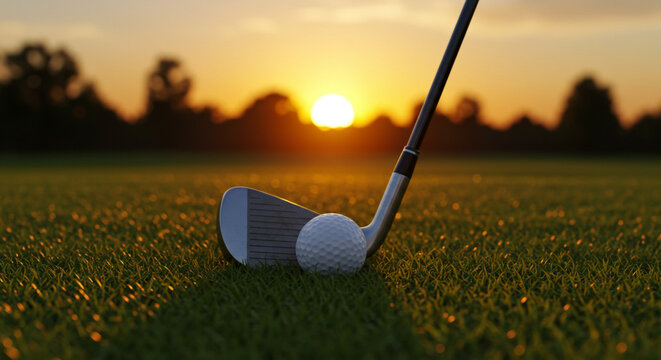  Golf Club and Ball at Sunset &ndash; Ryder Cup Sports Concept