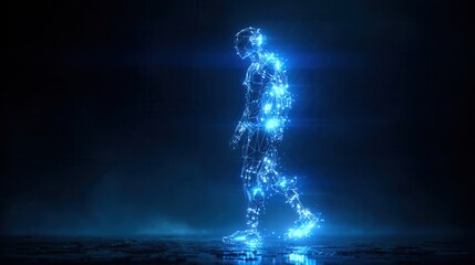 Human figure made of glowing blue energy particles walking in darkness