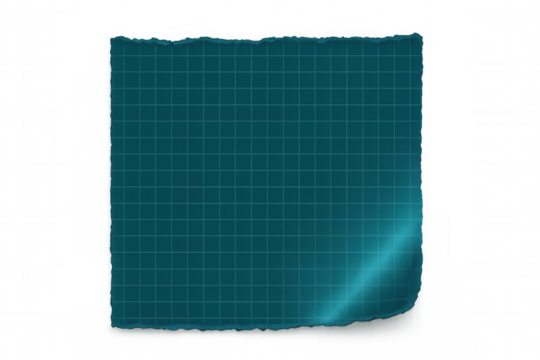 Close-up of a torn piece of teal graph paper with a transparent background, creating a versatile design element