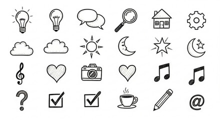 Hand drawn doodle sketch vector set with lightbulb cloud sun moon star house chat gear musical note and more icons