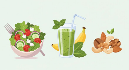 Healthy eating concept salad smoothie and nuts for diet balanced nutrition and wellness lifestyle image