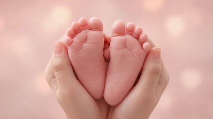 Loving hands holding tiny newborn baby feet against a soft blurred pink background with heart-shaped bokeh effect, symbolizing warmth and tenderness