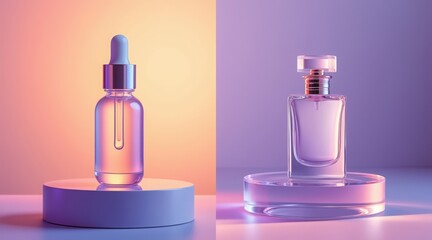 Cosmetic serum and perfume bottles displayed on podiums with soft lighting, showcasing beauty and luxury products