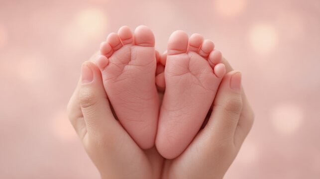 Loving hands holding tiny newborn baby feet against a soft blurred pink background with heart-shaped bokeh effect, symbolizing warmth and tenderness - Powered by Adobe