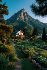 Fototapeta premium Traditional house and garden with mountain backdrop during a serene sunset