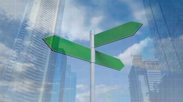 Animation of road sign over cityscape