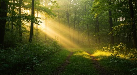 Fototapeta premium Serene Forest Path with Sunlight Streaming Through Lush Green Trees in Early Morning Light