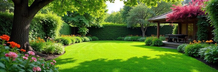 Serene backyard oasis featuring lush green lawn, vibrant flowerbeds, mature trees, and a charming patio area, perfect for relaxation and outdoor entertaining , landscape architecture, outdoor